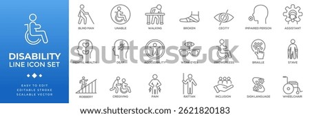 Disability icon set featuring accessibility symbols including wheelchair users, blind individuals, sign language, and mental health awareness, designed for digital and print use.