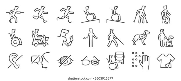 Disability icon set. It includes handicap, accessibility, disabled, human, and more icons. Editable Vector Stroke.