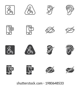 Icon Set, Zeile und Glyphe Version, Umriss und gefülltes Vektorzeichen. Lineares und vollständiges Piktogramm für behinderte Patienten. Symbol, Logo-Abbildung. Set enthält Symbole als behinderte Person, Rollstuhl