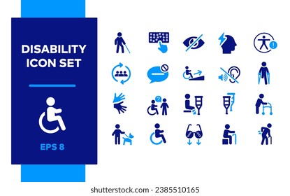 Disability icon set. Old Man in Walker. Elderly Person with break leg. Hand for Disabled person. Accessibility with exclamation sign. Deaf ear. Injured old man with body ache. Walking With Helper dog.