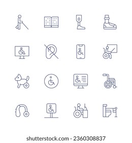 Disability icon set. Thin line icon. Editable stroke. Containing blind, braille, computer, deafness, disabled, hearing aid, parking, prosthesis, prothesis, smarphone, teacher, toilet, website.