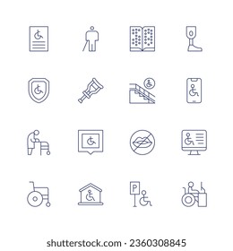 Disability icon set. Thin line icon. Editable stroke. Containing blind, braille, crutch, disabled, dumb, house, parking, ramp, poster, shield, walker, wheelchair, prosthesis, smarphone, website.