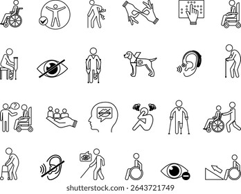 Disability Icon Set. Vector Illustrations Wheelchair, Crutches, Blindness, Deafness, Sign Language, Inclusion, Speech Impairment, Mental Illness, Ramp, Hearing Aid, and More