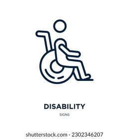 icono de discapacidad de la colección de signos. Discapacidad lineal delgada, inhabilitado, icono de contorno de hombre aislado en fondo blanco. Signo de discapacidad vectorial de línea, símbolo para web y móvil