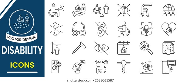 Disability icon vector set design. Outline icon of disability symbol, certain activities, equitable access, difficulties, society, cognitive and developmental. Vector illustration.