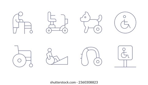 Disability icons. editable stroke. Containing disabled, hearing aid, parking, ramp, walker, wheelchair.