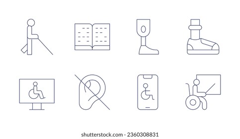 Disability icons. editable stroke. Containing blind, braille, computer, deafness, prosthesis, prothesis, smarphone, teacher.