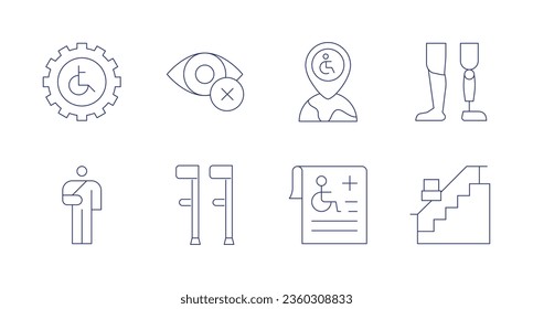 Disability icons. editable stroke. Containing accessibility, blind, broken arm, crutches, placeholder, prosthetic, report, stair.