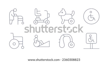 Disability icons. editable stroke. Containing disabled, hearing aid, parking, ramp, walker, wheelchair.