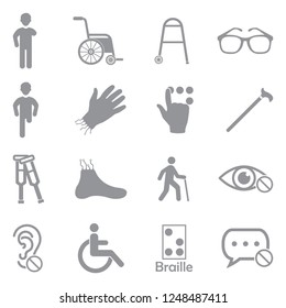 Disability Icons. Gray Flat Design. Vector Illustration. 