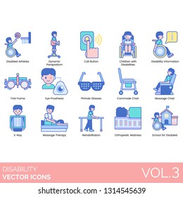 Disability icons including disabled athletes, dynamic parapodium, call button, children with disabilities, information, trial frame, eye prosthesis, pinhole glasses, commode chair, massage, x-ray.