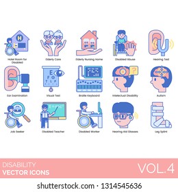 Disability Icons Including Hotel Room, Elderly Care, Nursing Home, Abuse, Hearing Test, Ear Examination, Visual, Braille Keyboard, Intellectual, Autism, Job Seeker, Teacher, Worker, Aid, Leg Splint.