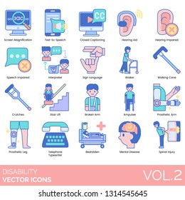 Disability Icons Including Screen Magnification, Text To Speech, Closed Captioning, Hearing Aid, Impaired, Interpreter, Sign Language, Walker, Walking Cane, Crutches, Stair Lift, Broken Arm, Amputee.