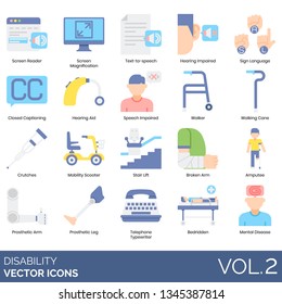 Disability Icons Including Screen Reader, Magnification, Text To Speech, Hearing Impaired, Sign Language, Closed Captioning, Aid, Walker, Walking Cane, Crutches, Mobility Scooter, Stair Lift, Amputee.