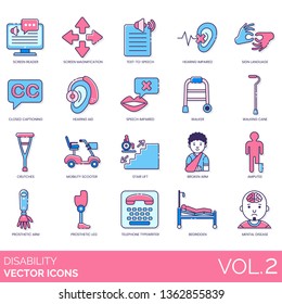 Disability Icons Including Screen Reader, Magnification, Text To Speech, Hearing Impaired, Sign Language, Closed Captioning, Aid, Walker, Walking Cane, Crutches, Mobility Scooter, Stair Lift, Amputee.