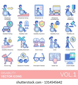 Disability icons including wheelchair accessible, ramp, lift, bus, veteran, disabled parking, toilet, insurance, fraud, law, allowance, retirement, senior citizen, carer, visually impaired, service.