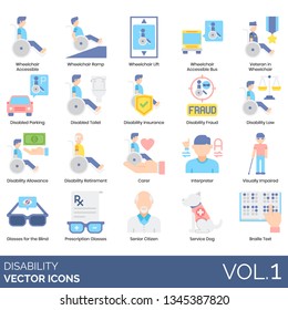Disability icons including wheelchair accessible, ramp, lift, bus, veteran, disabled parking, toilet, insurance, fraud, law, allowance, retirement, carer, interpreter, visually impaired, braille text.