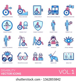 Disability icons including wheelchair accessible, ramp, lift, bus, veteran, disabled parking, toilet, insurance, fraud, law, allowance, retirement, carer, interpreter, visually impaired, braille text.