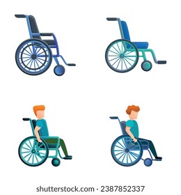 Disability icons set cartoon vector. Man sitting in wheelchair. Boy with walking problem