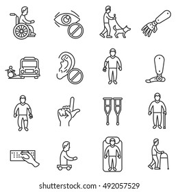 disability icons set, line style. assistance to disabled people isolated symbols collection. people with disabilities vector linear illustration