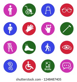 Disability Icons. White Flat Design In Circle. Vector Illustration. 