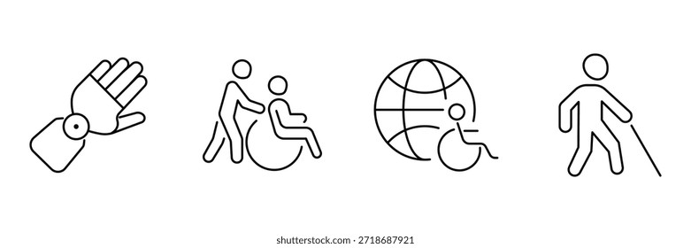 Conjunto de iconos de inclusión de la discapacidad, asistencia de mano protésica, Asistencia de cuidador de silla de ruedas, igualdad de accesibilidad global, ilustración de guía de persona ciega.