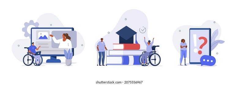 Conjunto de ilustraciones de inclusión de discapacidad. Caracteres con discapacidad que tienen un estilo de vida social activo. Personas en silla de ruedas, con prótesis trabajando y estudiando. Ilustración vectorial.