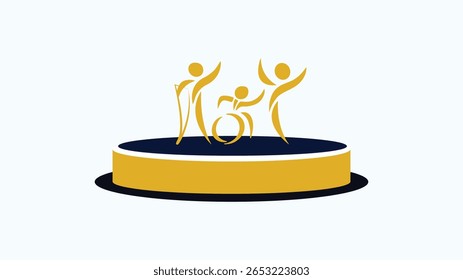Symbol für Behinderteneinschluss, Vektorgrafik. Modernes Gold- und Blaudesign mit Menschen, Barrierefreiheit und Auszeichnung. Perfekt für Vielfalt, Gleichheit, Leistung, Kampagne und Veranstaltungsdesign.