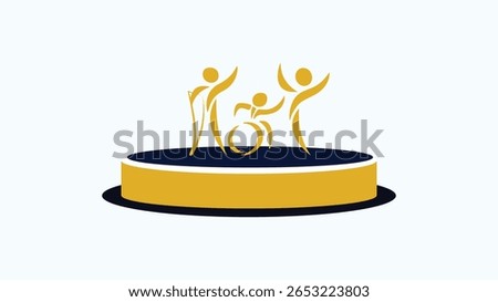Disability inclusion podium icon vector illustration. Modern gold and blue design with people, accessibility, and award. Perfect for diversity, equality, achievement, campaign, and event design.