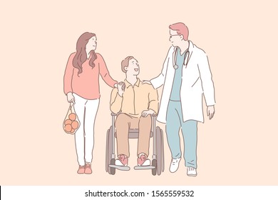 Disability, injury, health, support concept. Young man in wheelchair with his wife talking to physiotherapist. Positive prognosis, rehabilitation. Invalid guy and girl met with doctor. Flat vector.