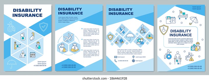 Plantilla de folleto sobre el seguro de discapacidad. Cobertura de ingresos mensuales. Volante, folleto, folleto impreso, diseño de portada con iconos lineales. Diseños vectoriales para revistas, informes anuales, afiches publicitarios