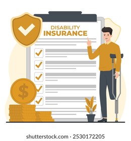 Disability insurance concept Insurance claim form. Man with crutches. Flat style vector illustration.