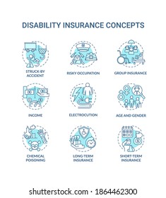 Disability insurance concept icons set. Struck by accident on work. Chemical poisoningn. Term insurance idea thin line RGB color illustrations. Vector isolated outline drawings. Editable stroke