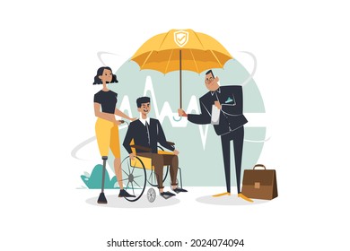 Concepto de Ilustración del Seguro de Discapacidad. Ilustración plana aislada en fondo blanco.