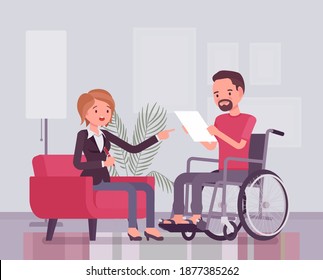 Disability insurance, medical support for disabled wheelchair man. Sick, injured worker social help and state compensation, information or filing for DI paper. Vector flat style cartoon illustration