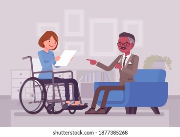 Disability Insurance, Medical Support For Disabled Wheelchair Woman. Sick, Injured Worker Social Help And State Compensation, Information Or Filing For DI Paper. Vector Flat Style Cartoon Illustration