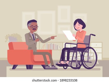 Disability insurance, medical support for disabled wheelchair woman. Sick, injured worker social help and state compensation, information or filing for DI paper. Vector creative stylized illustration