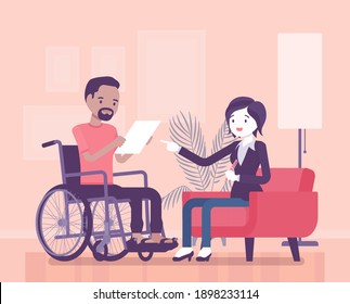 Disability Insurance, Medical Support For Disabled Wheelchair Man. Sick, Injured Worker Social Help And State Compensation, Information Or Filing For DI Paper. Vector Creative Stylized Illustration