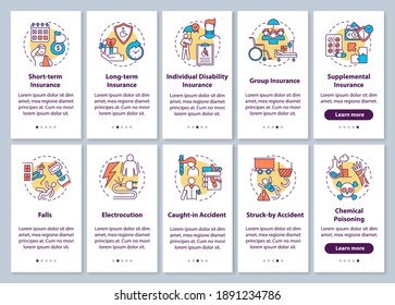 Disability Insurance Onboarding Mobile App Page Screen With Concepts Set. Long And Short Term Insurance Walkthrough 10 Steps Graphic Instructions. UI Vector Template With RGB Color Illustrations