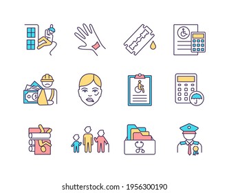 Disability insurance RGB color icons set. Falls, slips accident. Carpal tunnel syndrome. Risky behavior. Worker compensation. Screening tests. On-the-job injury. Isolated vector illustrations