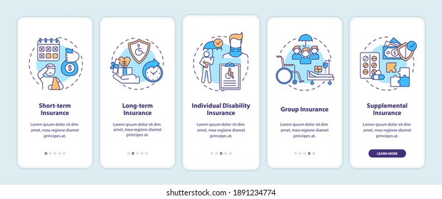 Disability Insurance Types Onboarding Mobile App Page Screen With Concepts. Short Term Insurance Walkthrough 5 Steps Graphic Instructions. UI Vector Template With RGB Color Illustrations