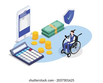 Disability Insurance Vector Concept. Disabled Businessman Sitting On Wheelchair And Using Mobile Phone With Online Disability Insurance Form Application