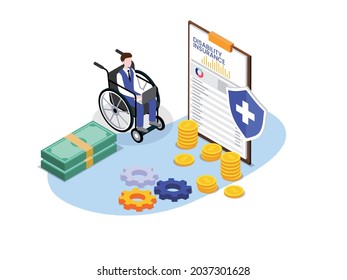 Disability insurance vector concept. Handicapped businessman sitting on wheelchair with disability insurance claim form, money, and shield