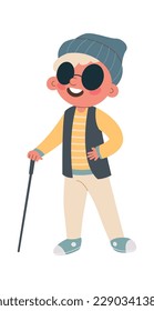 Icono plano de niño con discapacidad Niño con gafas y gafas guía ciega. Ilustración del vector