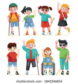Colección de caracteres para niños discapacitados con un color plano de estilo diferente