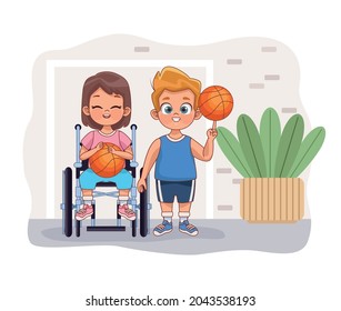 disability kids couple playing basketball
