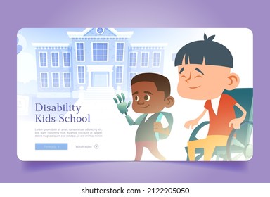 Disability Kids School Cartoon Web Banner With Multiracial Handicapped Children, Asian Boy On Wheelchair And Asian Child With Hand Bionic Prosthesis Stand Front Of Campus Building Vector Illustration