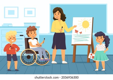 Disability kids school. Educational projects. Children with disabilities study in mixed classes. Teacher and students. Boy in wheelchair learns to draw. Vector handicapped socialization