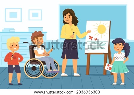 Disability kids school. Educational projects. Children with disabilities study in mixed classes. Teacher and students. Boy in wheelchair learns to draw. Vector handicapped socialization