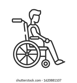 Disability line black icon. Man in manual wheelchair. People with disabilities or physical disorders Sign for web page, mobile app, button, logo Vector isolated button. Editable stroke